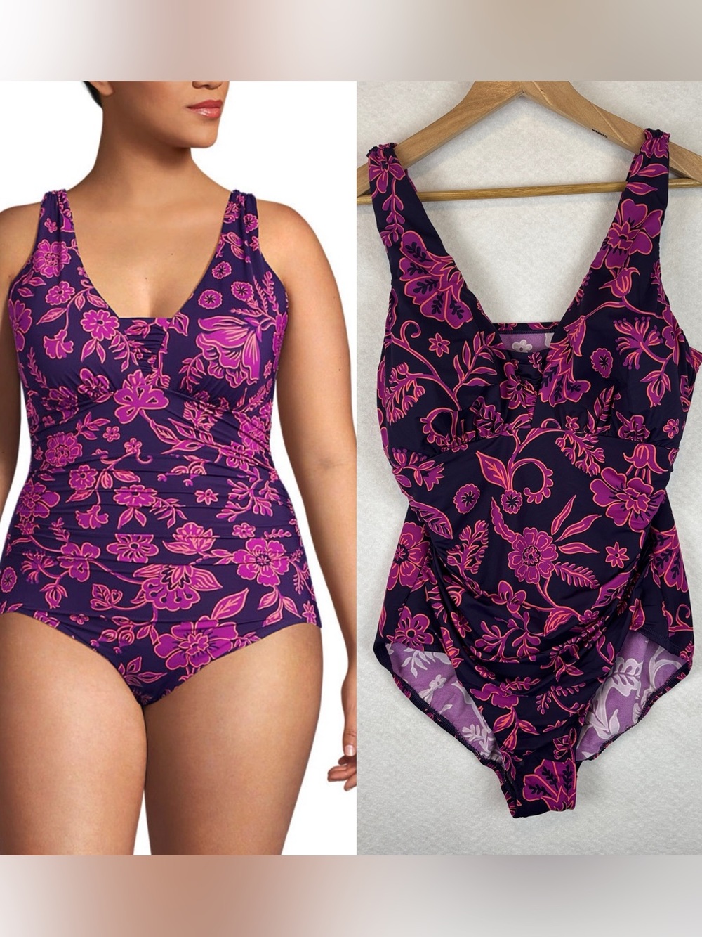 Lands’ End Women’s Size 14D One Piece Swimsuit Tummy Control Floral Purple Pink